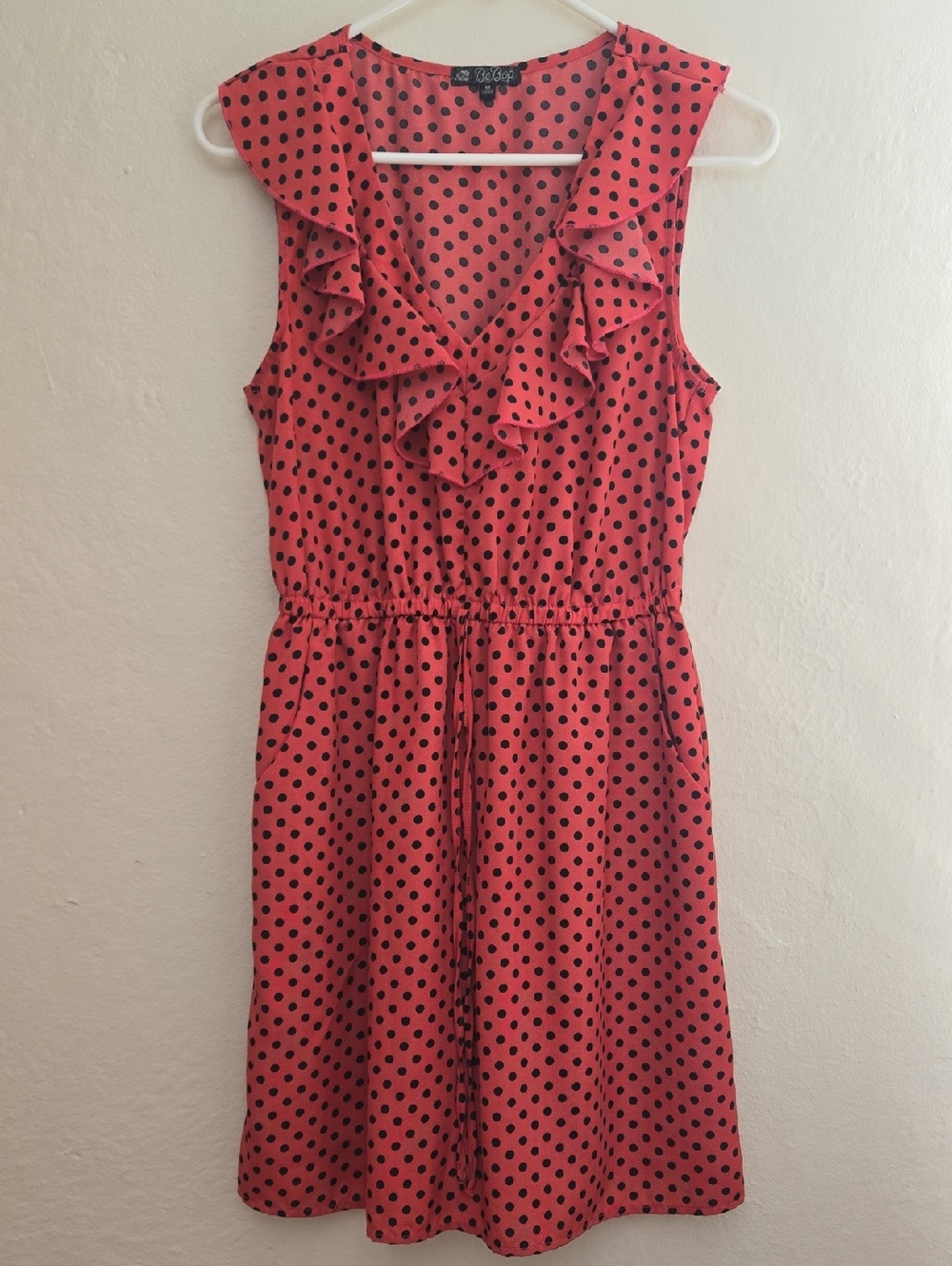 BeBop Coral Polka Dot Ruffle V-Neck Dress